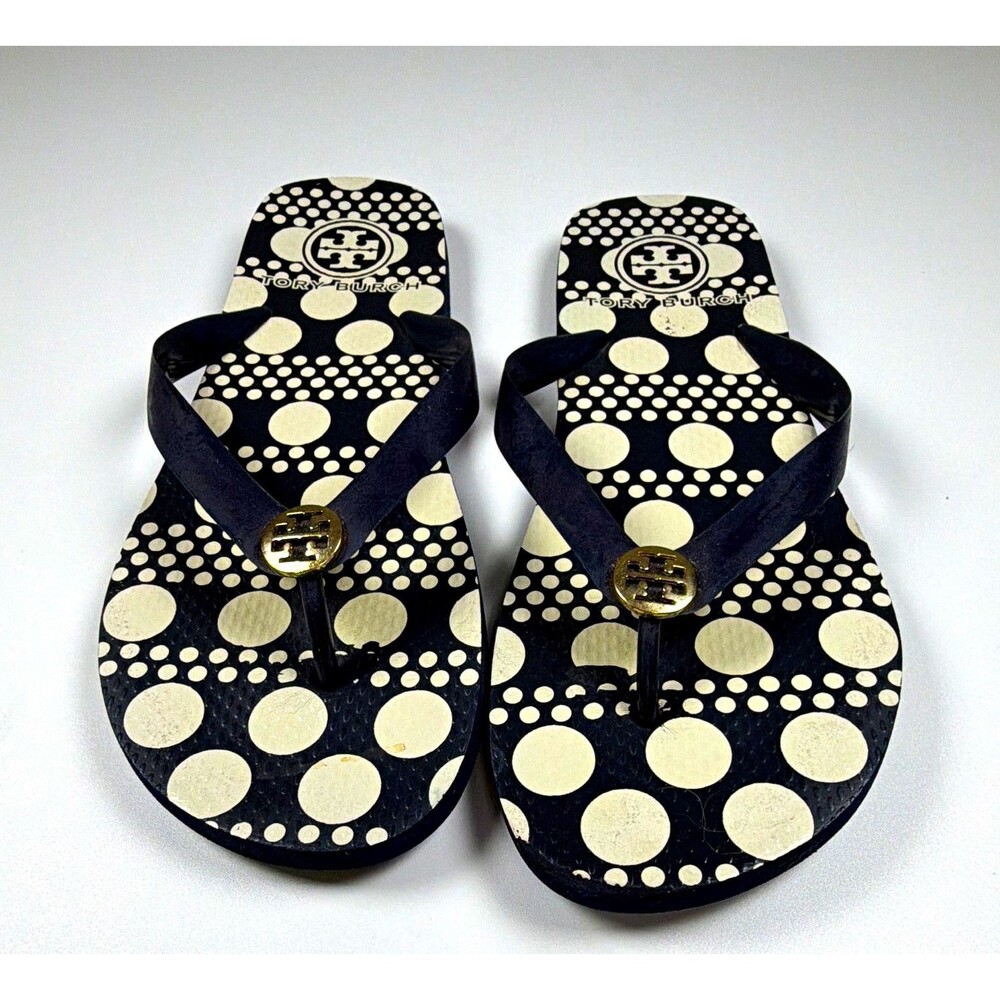 Tory Burch Women's Black/White Polka Dot Logo Thong Slip On Rubber Sandals